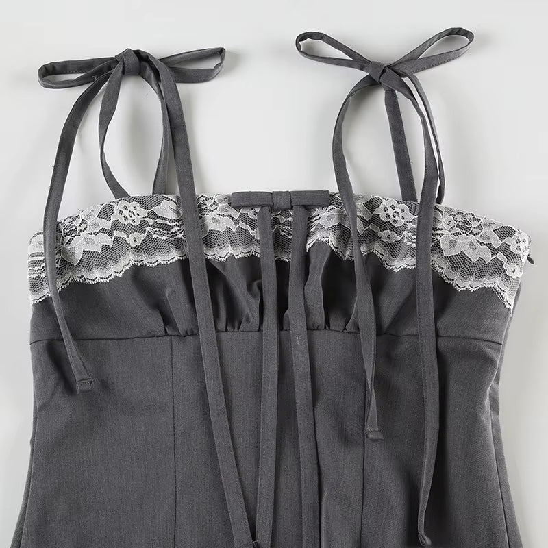 Bandaj Fiyonklu Dantel Crop Top Slim Fit