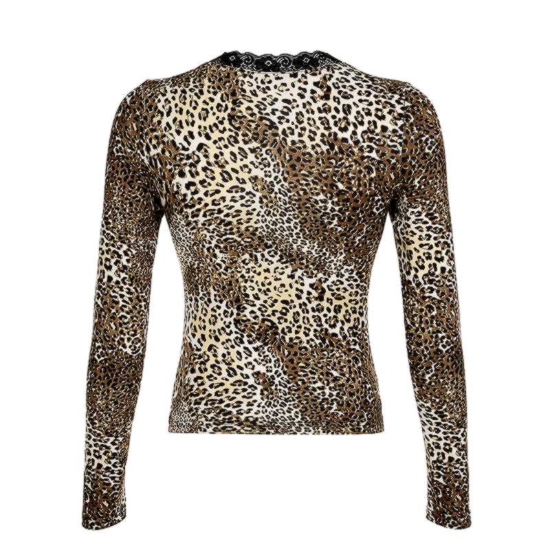 Leopar Desenli Crop Uzun Kollu Kare Yaka