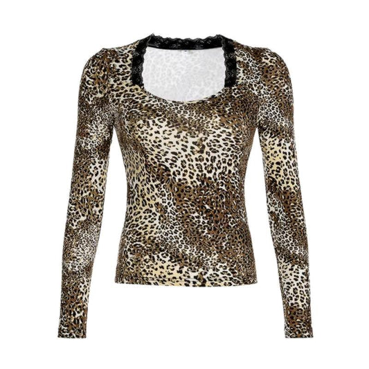 Leopar Desenli Crop Uzun Kollu Kare Yaka