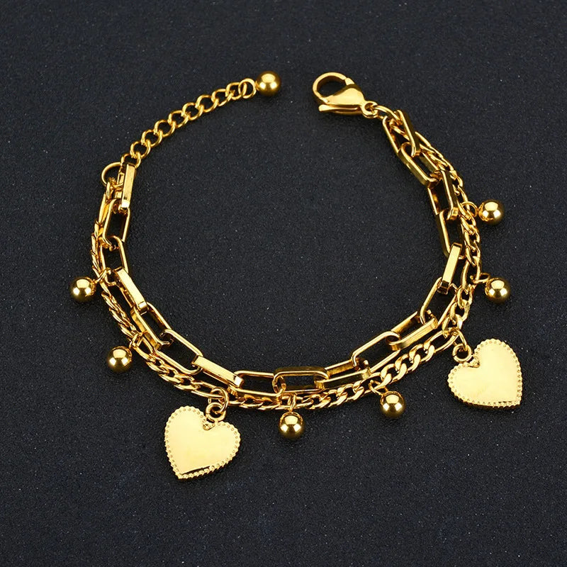 316L Stainless Steel Multilayer Love Heart Bracelet for Women High Quality Gold Color Rustproof Girls Wrist Jewelry Gift