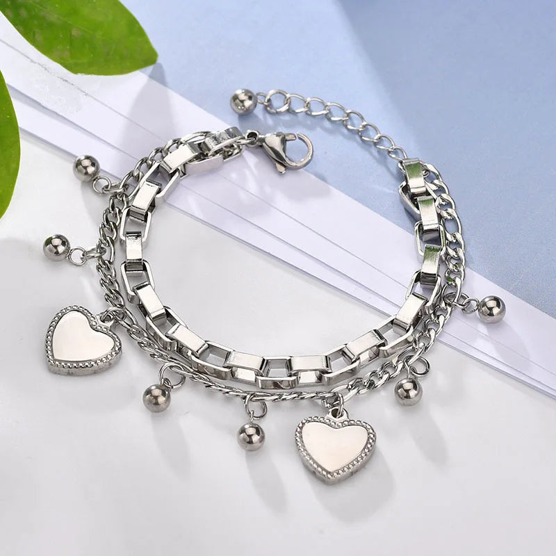 316L Stainless Steel Multilayer Love Heart Bracelet for Women High Quality Gold Color Rustproof Girls Wrist Jewelry Gift