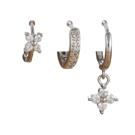 3PCS Fashion Orange Blue Zircon Hanging Earrings Set for Women Stainless Steel Flower Dangle Earring Piercing Jewelry