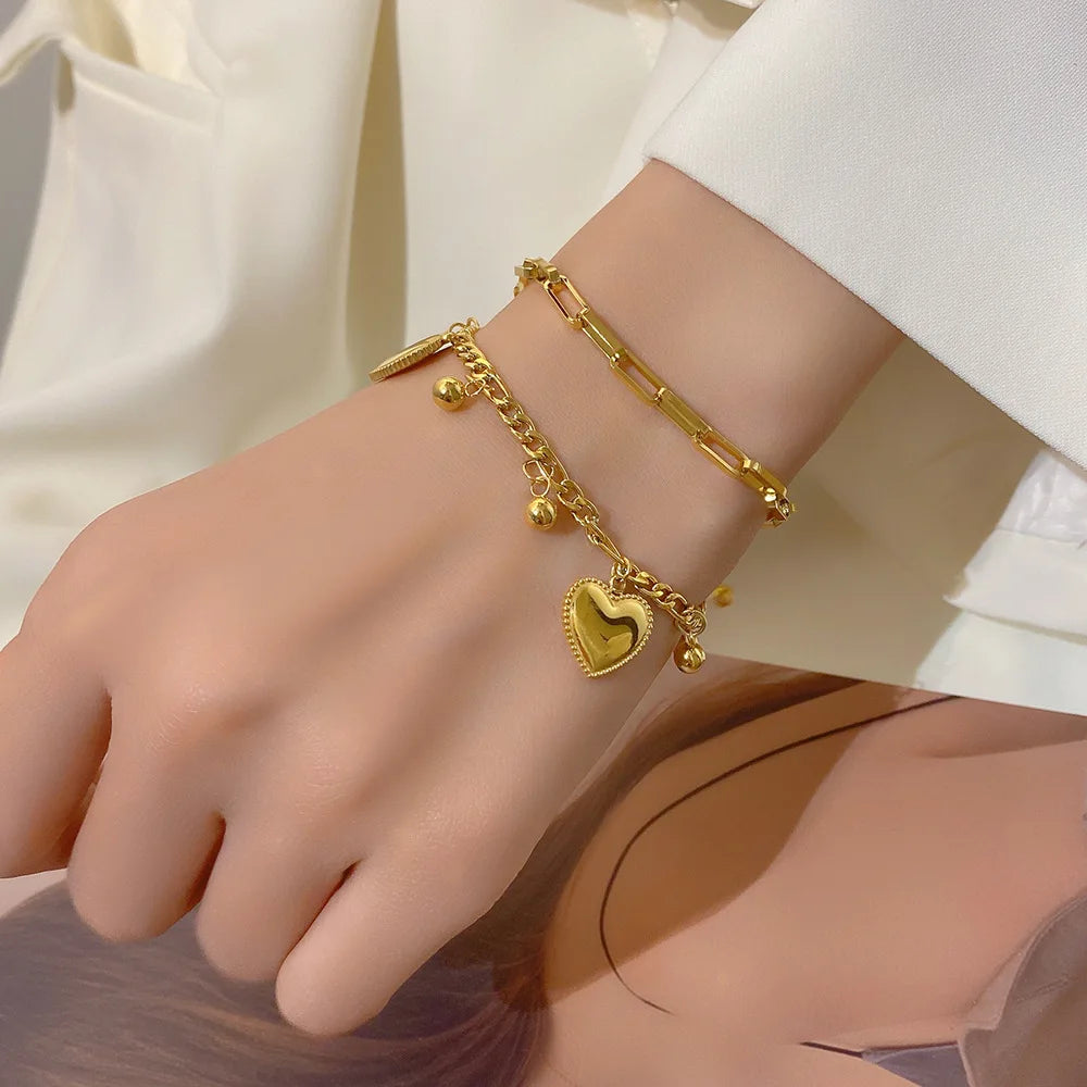 316L Stainless Steel Multilayer Love Heart Bracelet for Women High Quality Gold Color Rustproof Girls Wrist Jewelry Gift